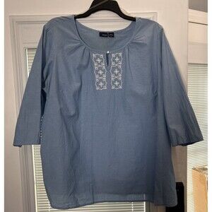 Basic Editions Blue 100% Cotton Tunic Beaded Design Women’s 2x Plus